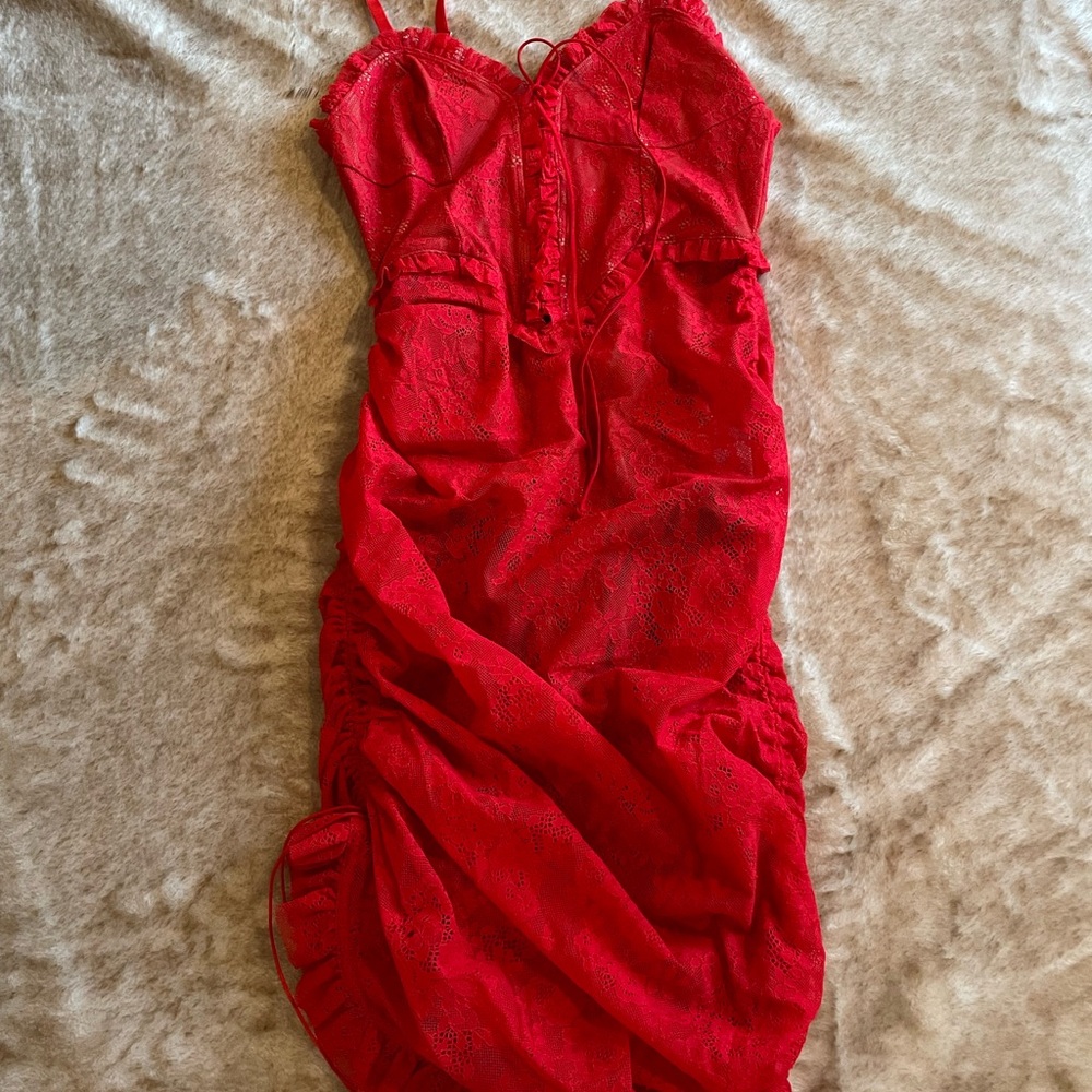 For Love & Lemons Red Lace Ruched Dress ~ VS